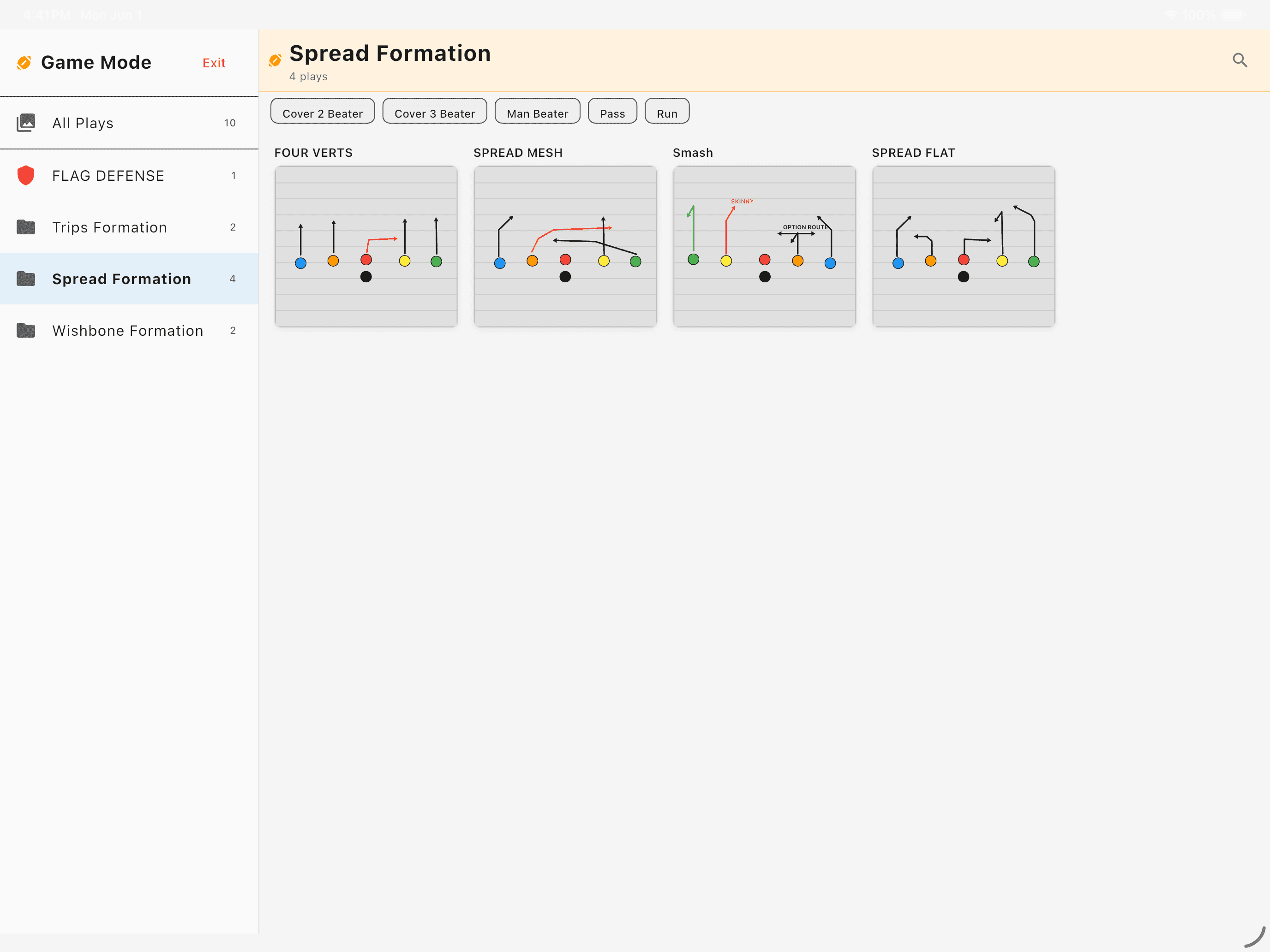 PlayCooker game mode showing a Spread Formation on iPad in landscape