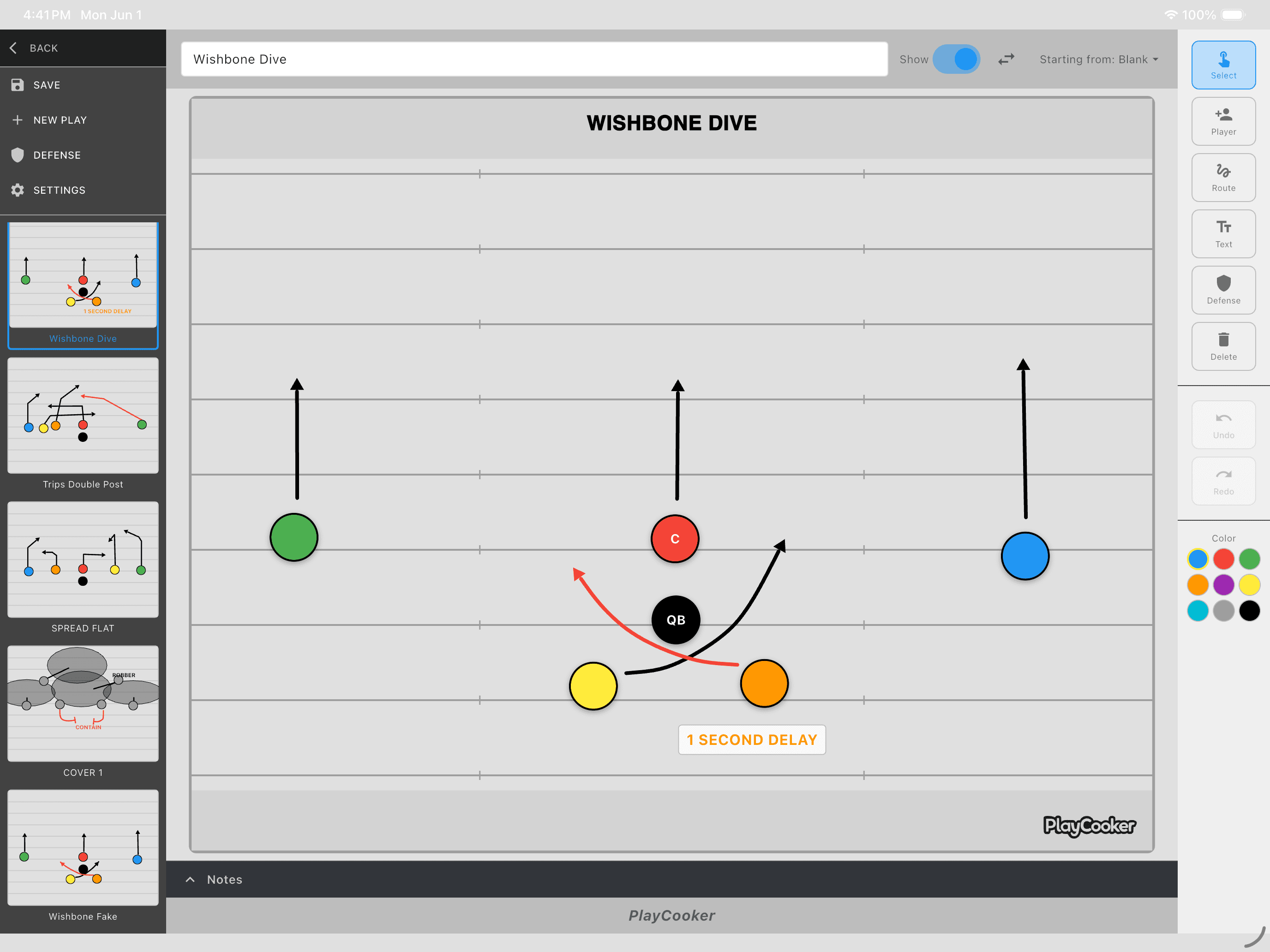 PlayCooker play designer showing a Wishbone Dive play on iPad